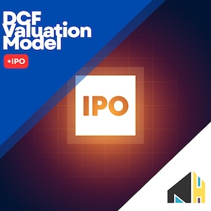 May include: A graphic with the text "DCF Valuation Model" in white, with "+IPO" in a red box. The word "IPO" is in a white square, with an orange gradient background. A logo is in the bottom right corner.