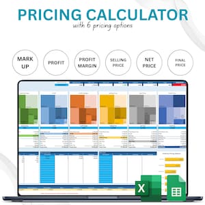 May include: A laptop displaying a pricing calculator with six pricing options. The screen shows a spreadsheet with various pricing metrics, including markup, profit, and selling price. The text "PRICING CALCULATOR" is at the top.