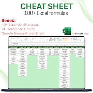 Hoja de referencia de Excel / Más de 100 fórmulas, atajos, gráficos avanzados + Hojas de cálculo de Google (descarga digital)