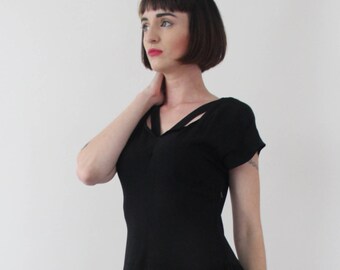 1940s Black Widow Tiered Gown | Vintage 40s Black Formal Dress | Small S Medium M
