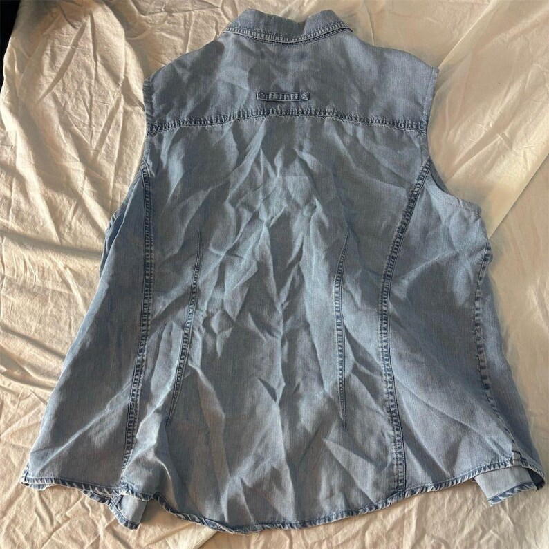 Top sin mangas de Tencel azul vintage de Valerie Stevens Sport, talla 14. imagen 4