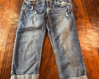 Ariya Jeans Lucca 31660 Womens Blue Distressed Sequin Pocket Capri Jeans 5/6