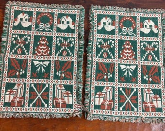 Vintage julvävda bordsunderlägg med 2 fransiga vändbara julmotiv