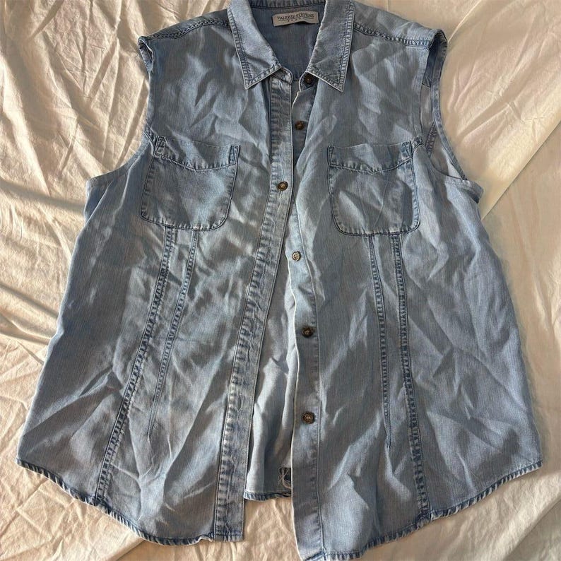 Top sin mangas de Tencel azul vintage de Valerie Stevens Sport, talla 14. imagen 1