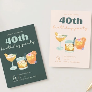 Bearbeitbare 40. Geburtstagseinladung Canva Vorlage | Cocktail Party einladen | Helle & dunkle Optionen | Digitaler Download | Erwachsenen-Party für Frauen