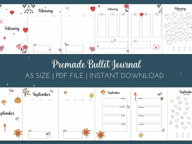 Premade Bullet Journal Template A5 Format | 12 Monthly Themes | Mood ...