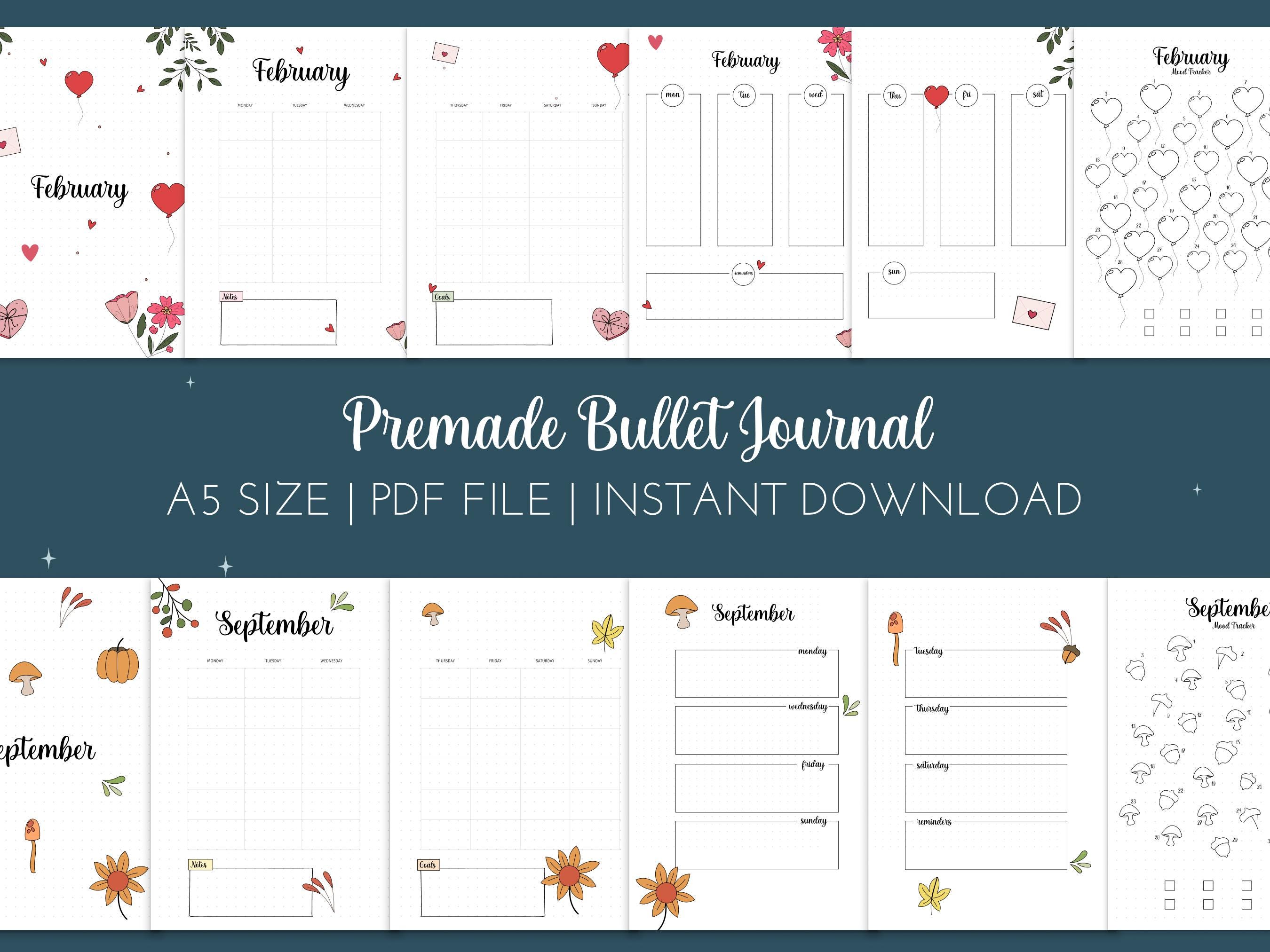 Premade Bullet Journal Template A5 Format | 12 Monthly Themes | Mood ...
