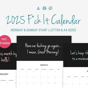 Calendário 2025 Engraçado F*ck It | Agenda Mensal Hilária | Tamanhos A4 e Carta | Comece Domingo ou Segunda | Citações Legais | Agenda de Calendário Adulto