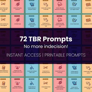 Pacote de cartões de lembrete TBR para impressão | 72 cartões de desafio de leitura | Presente para amantes de livros, download digital, jogo TBR, rastreador de leitura, clube do livro