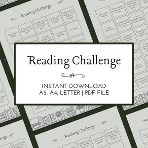以下が含まれることがあります： 様々な読書プロンプトが書かれた正方形のグリッドを持つ、印刷可能な読書チャレンジトラッカー。ドキュメントには「Reading Challenge」、「Instant Download」、「A5, A4, Letter」、「PDF File」というテキストと、本や植物の黒い線画が含まれています。