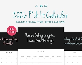 2026 Lustiger F*ck It Kalender: Frecher Monatsplaner (Digitaler Download)