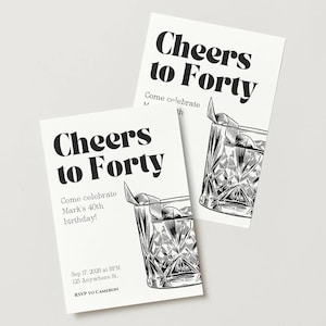 May include: Black and white invitation card with the text "Cheers to Forty" and a drawing of a glass of whiskey with a lemon twist. The text "Come celebrate Mark's 40th birthday!" is also included. The date, time, and location of the event are listed below the text. The RSVP information is at the bottom of the card.