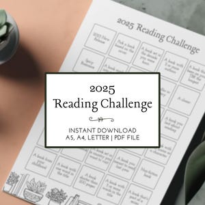 Minimalistische leesuitdaging 2025 Afdrukbare 30 uitdagingen - 3 maten inbegrepen Book Tracker Reading Journal New Year Book Reading Challenge