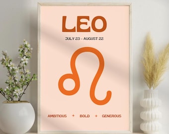 Leo Zodiac Poster, Leo Digital Poster, Zodiac Digital Poster, Horoscope Art Print, Leo Zodiac Wall Art, Star Sign Print
