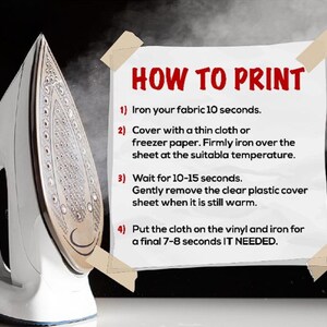 a white iron with a clear plastic cover on it, along with a piece of paper taped to the iron displaying instructions on how to print.