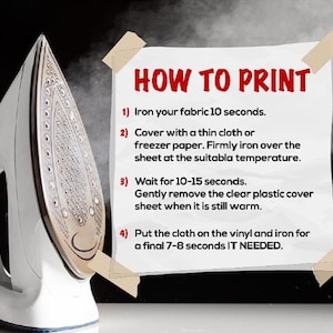 a white iron with a clear plastic cover on it, along with a piece of paper taped to the iron displaying instructions on how to print.