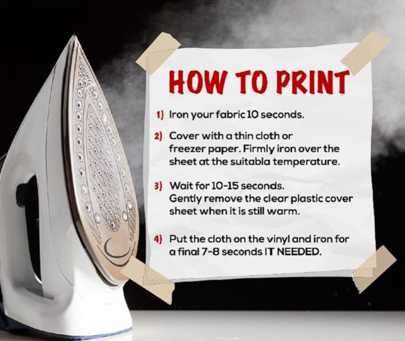 a white iron with a clear plastic cover on it, along with a piece of paper taped to the iron displaying instructions on how to print.