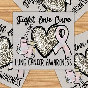 a collage of three square images, each featuring a leopard print heart and pink ribbon symbolizing lung cancer awareness. The text on the images reads "Fight love Cure Lung cancer awareness".