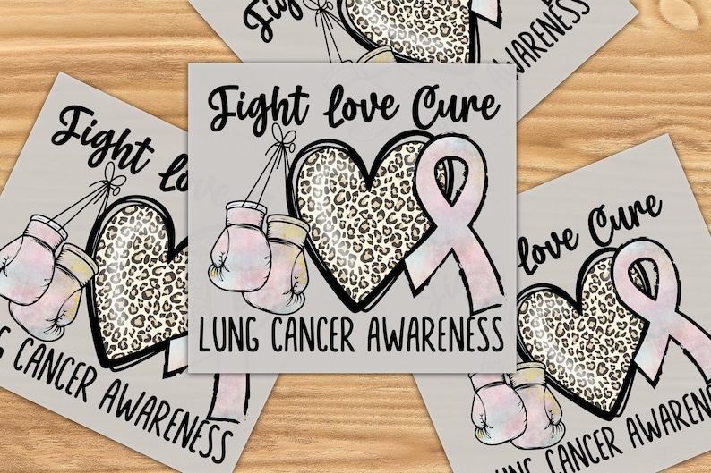 a collage of three square images, each featuring a leopard print heart and pink ribbon symbolizing lung cancer awareness. The text on the images reads "Fight love Cure Lung cancer awareness".
