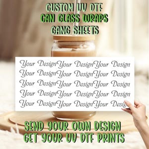 May include: A white card with the text "Your Design" repeated multiple times. The card is held in front of a glass jar with a brown liquid inside. The text "SEND YOUR OWN DESIGN GET YOUR UV DTF PRINTS" is printed below the card.