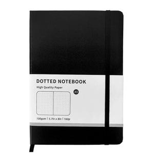 May include: Black A5 dotted notebook with a white band featuring the text "DOTTED NOTEBOOK" and "High Quality Paper." The notebook has a black elastic closure and measures 5.7in x 8in.