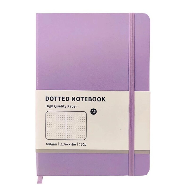 May include: A lavender dotted notebook with a matching elastic band closure. The notebook has a white band across the front with the text "DOTTED NOTEBOOK" and "High Quality Paper". The notebook is 5.7in x 8in and has 160 pages.