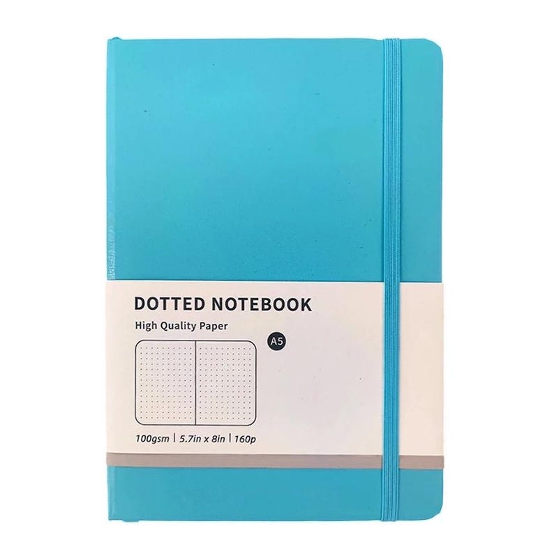 May include: A turquoise A5 dotted notebook with a matching elastic band closure. The notebook features a white label with the text "DOTTED NOTEBOOK" and "High Quality Paper". The label also includes a diagram of the dotted paper and the specifications: 100gsm | 5.7in x 8in | 160p.