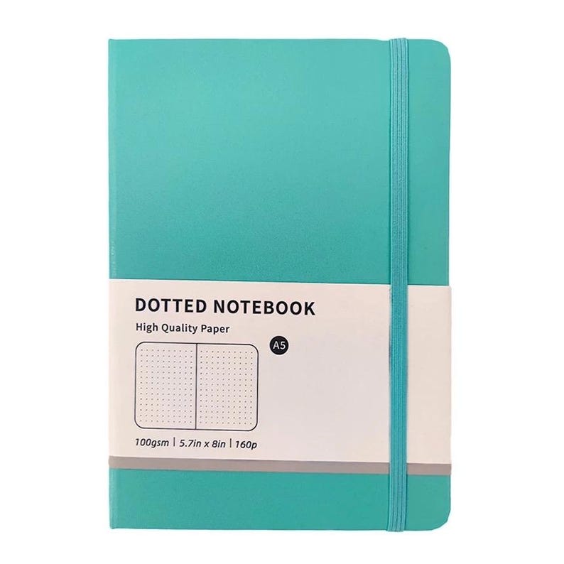 May include: A teal-colored dotted notebook with a matching elastic band closure. The cover features the text "DOTTED NOTEBOOK" and "High Quality Paper." The notebook is A5 size, with dimensions of 5.7in x 8in, and 160 pages.
