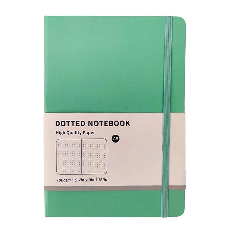 May include: A mint green A5 dotted notebook with a matching elastic closure. The notebook has a white band across the front with the words "DOTTED NOTEBOOK" and "High Quality Paper". The notebook is 5.7 inches by 8 inches and has 160 pages.