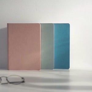 May include: Three hardcover journals in pastel colors: dusty rose, pale green, and teal. A vintage camera and eyeglasses are in the foreground. The journals are standing upright on a white surface against a white wall.