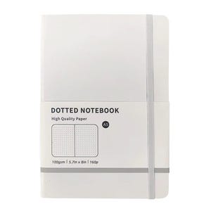 May include: A white A5 dotted notebook with a gray elastic closure. The cover features the text "DOTTED NOTEBOOK" and "High Quality Paper." The notebook is 5.7in x 8in and contains 160 pages.
