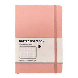 May include: A pink A5 dotted notebook with a matching elastic band closure. The notebook has a white label with the text "Dotted Notebook" and "High Quality Paper". The label also includes the measurements: 5.7in x 8in.