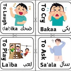 Può includere: Quattro flashcard colorate con illustrazioni e testo in arabo. Ogni carta presenta un verbo in inglese, arabo e arabo traslitterato. I verbi sono "ridere", "piangere", "giocare" e "chiedere".