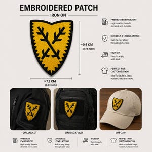 May include: Embroidered iron-on patch with a yellow and black design, approximately 3.78 inches high and 2.83 inches wide. The patch is shown on a jacket, backpack, and cap. The text on the image says "EMBROIDERED PATCH" and "IRON ON".