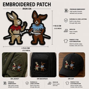 May include: Embroidered patch featuring two cartoon rabbits with swords, approximately 5.31 inches wide and 4.13 inches tall. The patch is iron-on and ideal for customizing jackets, bags, and hats.
