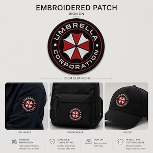 Puede incluir: Parche bordado circular con el texto "UMBRELLA CORPORATION". El parche presenta un emblema rojo y blanco y tiene 10 cm de diámetro. El parche termoadhesivo es adecuado para chaquetas, mochilas y gorras.