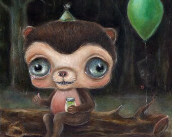 Sad Bear Birthday Party Print, Big Eye Art, Pickles, Matted Art Print, Creepy Cute Nursery Art, Lowbrow Art, Pop Surrealism, Friendship art