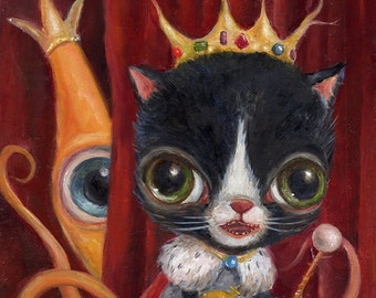 Tuxedo Cat Art Print, Royalty, Pop Surrealism, Squid Print, Lowbrow Art, Big Eye Art, Whimsical Art, Childrens Decor, Matted Print