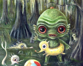 Baby Creature From the Black Lagoon Print,  Swimming Swamp Monsters Pop Surrealism, Lowbrow Children's Decor, Nursery Art