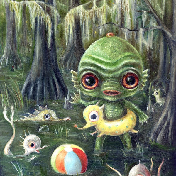 Baby Creature From the Black Lagoon Print,  Swimming Swamp Monsters Pop Surrealism, Lowbrow Children's Decor, Nursery Art