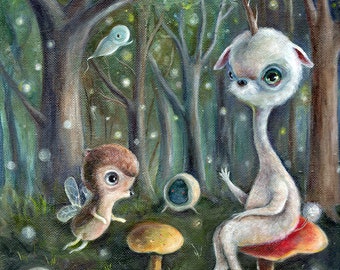 Surreal Unicorn Art Print, Fantasy Enchanted Forest, Owl, Fairy Bear Pop Surrealism, Lowbrow Children's Decor, Nursery Art