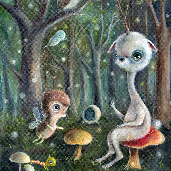 Surreal Unicorn Art Print, Fantasy Enchanted Forest, Owl, Fairy Bear Pop Surrealism, Lowbrow Children's Decor, Nursery Art