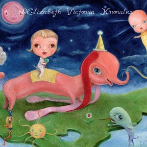 May include: A whimsical painting of a pink elephant with a party hat, carrying a girl with blonde hair on its back. The elephant is flying through the night sky with a moon and a cloud in the background. A yellow creature with a tail is flying in the top right corner of the painting.