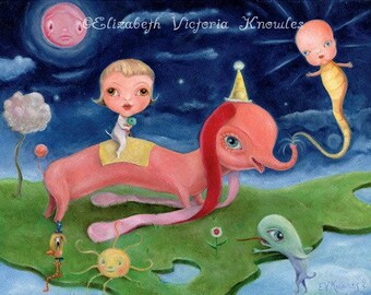 Big Eye Elephant & Baby on Floating Island with Magic Genie, Wibbley World, Art  Print - Size options available