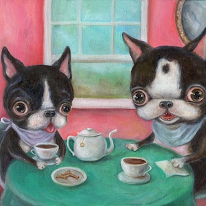 Boston Terrier Art Print, Dog Art Print, Tea Party, Pop Surrealism, Whimsical Art, Childrens wall art, nursery wall art, matted print