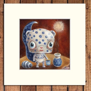 May include: A blue and white spotted creature with a blue tail and a blue bucket in its hand. The creature is standing on a brown surface with a blue vase and a white flower.