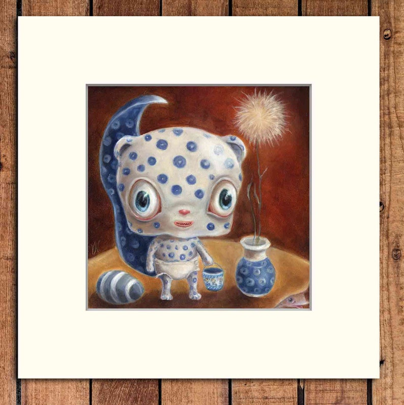 May include: A blue and white spotted creature with a blue tail and a blue bucket in its hand. The creature is standing on a brown surface with a blue vase and a white flower.
