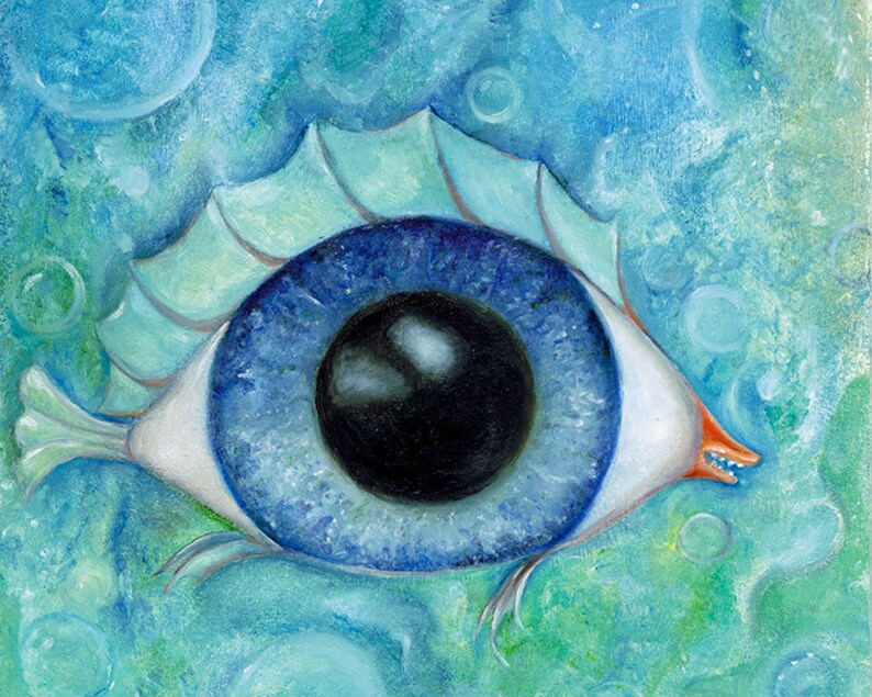 Surreal Eyeball Fish, Big Eye Art Print, Lowbrow Art, Pop Surrealism, Blue, EVK, Print Size Options Available image 3