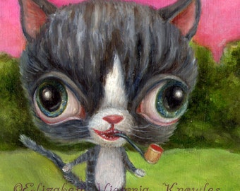 Grey Cat Art, Cat Smoking Pipe Whimsical Illustration, Pop Surrealism, Lowbrow Art,  Matted Print for Children