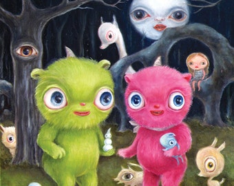 Cute Monster Art, Friendship, Pop Surrealism, Lowbrow Art, Big Eye, Children's Decor, Whimsical Painting, Illustration Art, Full Moon Art